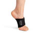 A close-up of a bare foot wearing the Earthing Band around the arch, with earthing labeled on it, set against a white background.