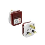 Two views of the Earthing Grounding UK Socket Tester with three prongs: one side features a wiring and earthing status indicator chart, while the other displays 220-250V voltage and 50Hz frequency details.