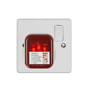 The Earthing Grounding UK Socket Tester is a wall-mounted device with a red cover, indicator lights, and a label showing faults like No Earth, No Neutral, and L & N Reverse. Ideal for fast earthing checks in UK outlets.