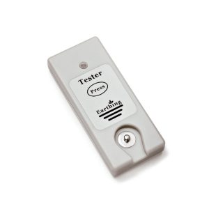 The Earthing Product Tester UK is a small rectangular white device labeled Tester with a Press button and Earthing on the front, designed to test electrical grounding.