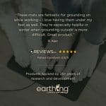 A person’s bare feet and a white dog’s paw resting on a black Mini Grounding Mat, overlaid with a five-star customer review and company branding.