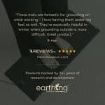 A person stands barefoot on a Mini Grounding Mat, accompanied by a customer review, a five-star rating, and text mentioning 25 years of research.