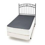 A twin-sized bed with a black metal headboard features the Earthing Elite Single Bed Mattress Cover in dark gray atop a white mattress and box spring, set against a white background.