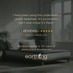 Earthing® Grounding Mattress Cover - Super King Size on a bed, with overlay text featuring a customer review, a 4.8/5-star rating, a mention of 25+ years of research, and the company logo.