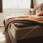 A cozy bedroom scene with a neatly made bed featuring a grey and orange blanket. Sunlight filters through a window, casting a warm glow. A bedside table holds a lamp and dried floral arrangement. The room is carpeted in grey.