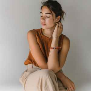 A young woman with closed eyes poses calmly against a plain background, wearing a sleeveless burnt orange top, light beige pants, and the Earthband PEMF Bracelet in red, appearing relaxed as if enjoying its soothing effects.