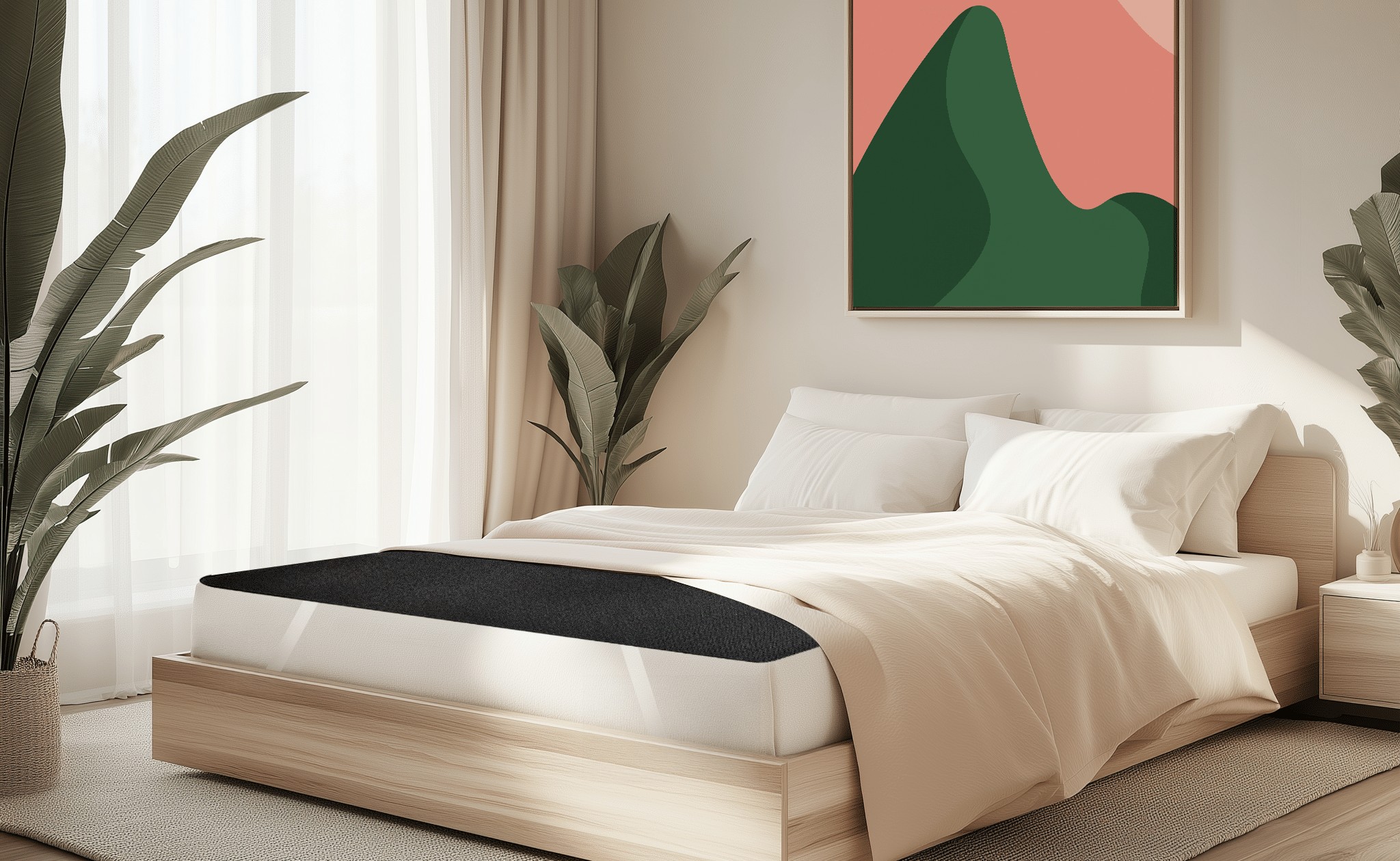 A modern bedroom with a low wooden bed, white bedding, large window with sheer curtains, two tall green plants, and a colorful abstract artwork featuring mountains and a sun on the wall above the bed.