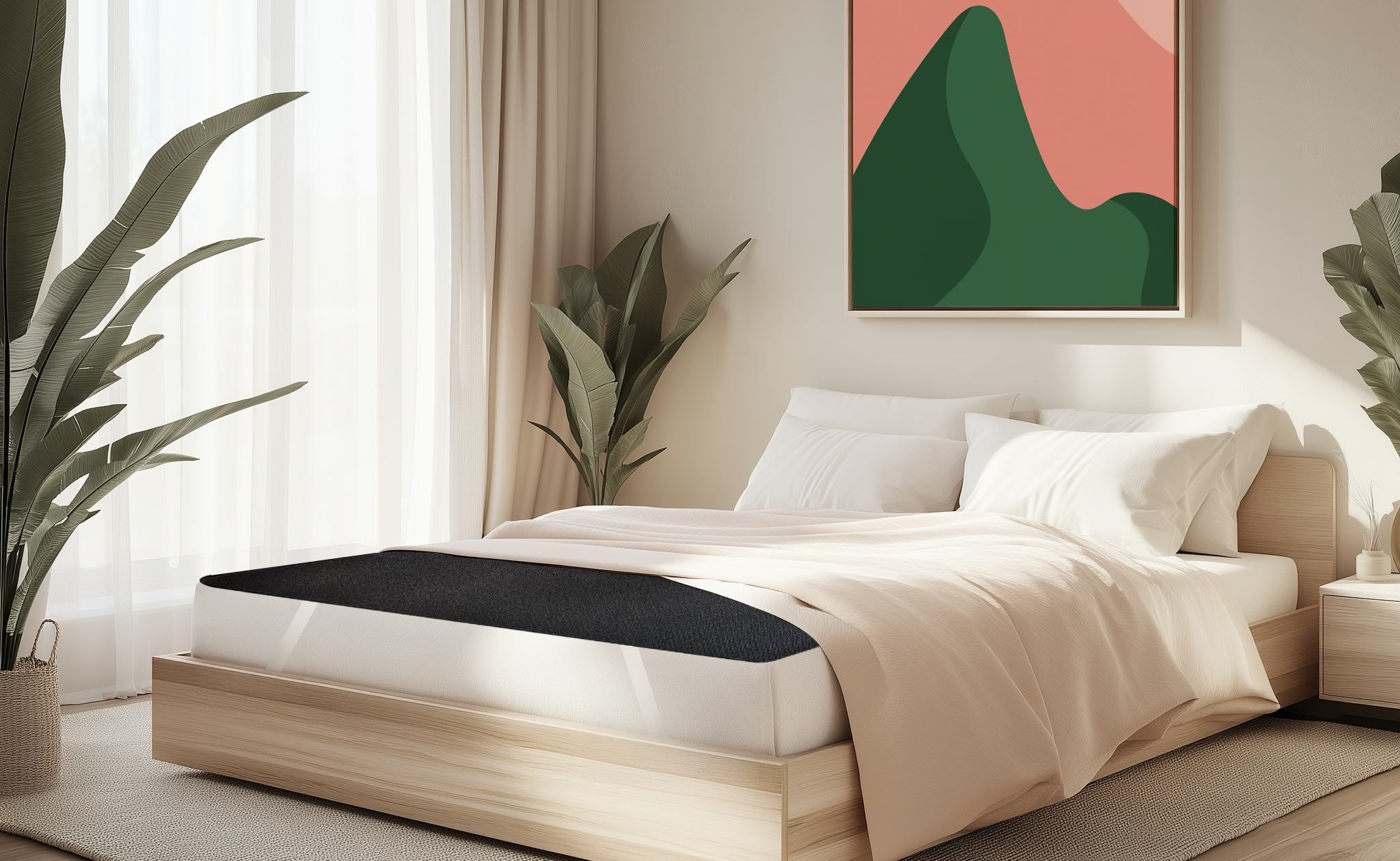 A modern bedroom with a low wooden bed, white bedding, large window with sheer curtains, two tall green plants, and a colorful abstract artwork featuring mountains and a sun on the wall above the bed.