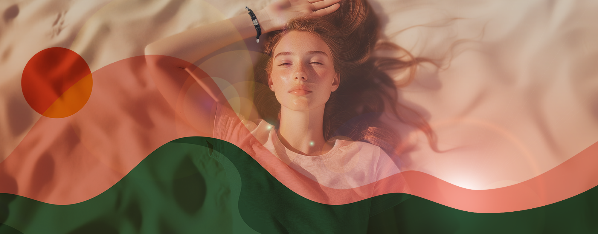A young woman lies on sand with eyes closed, sunlight on her face. Abstract red and green wavy shapes and a red circle overlay the image, giving a dreamy, artistic effect.