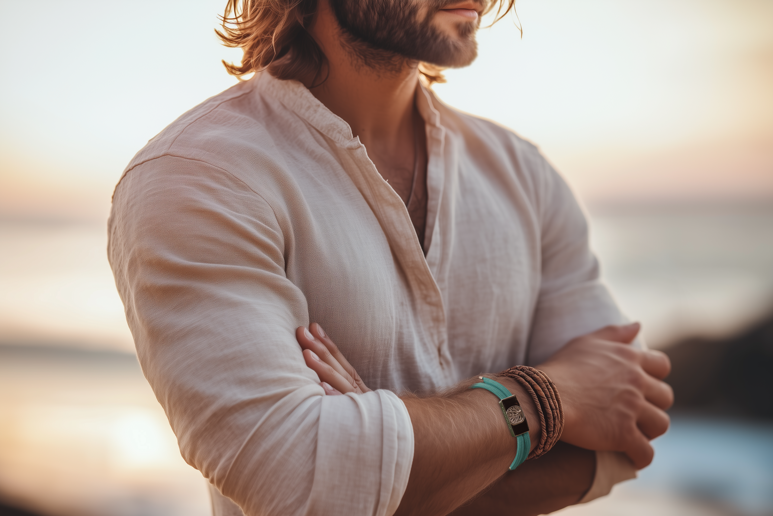 A man with long hair and a beard stands by the beach at sunset, wearing a light linen shirt and several leather bracelets, with his arms crossed. The warm light highlights his relaxed, casual style.