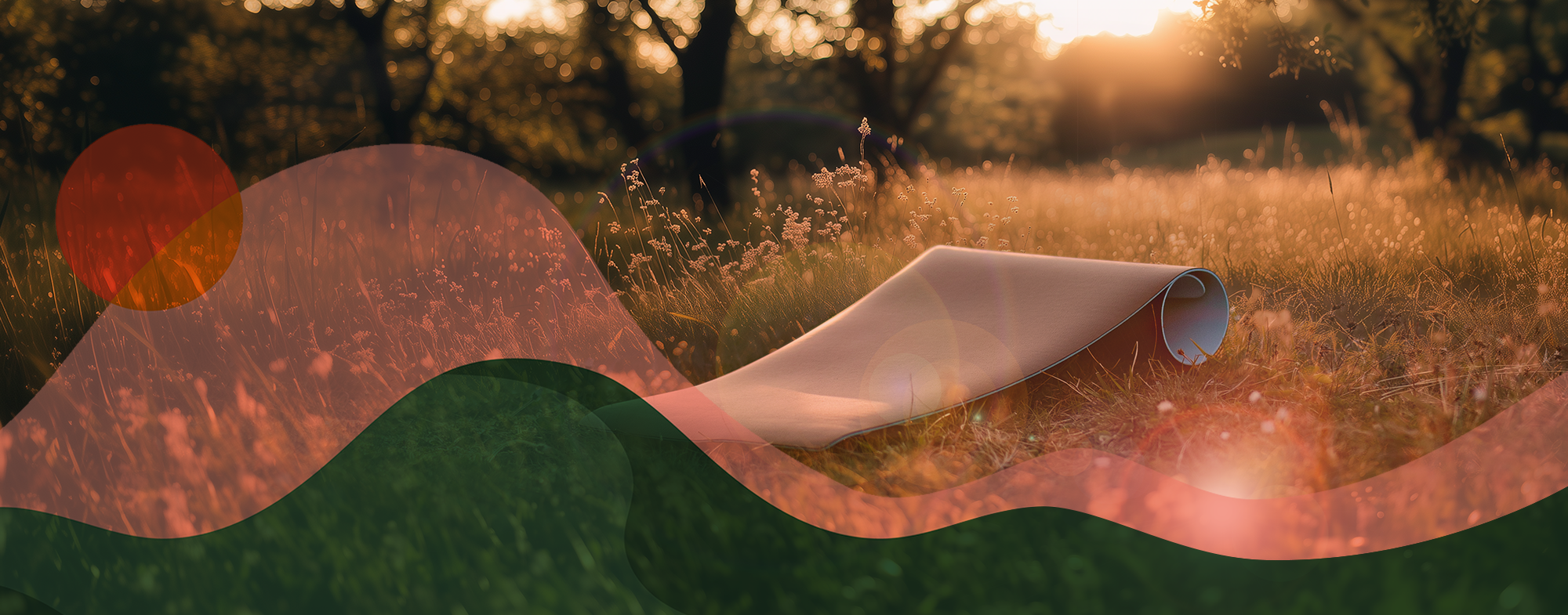 A rolled yoga mat lies on sunlit grass in a peaceful outdoor setting, with soft sunlight filtering through trees and abstract red and green wave shapes overlaying the scene.
