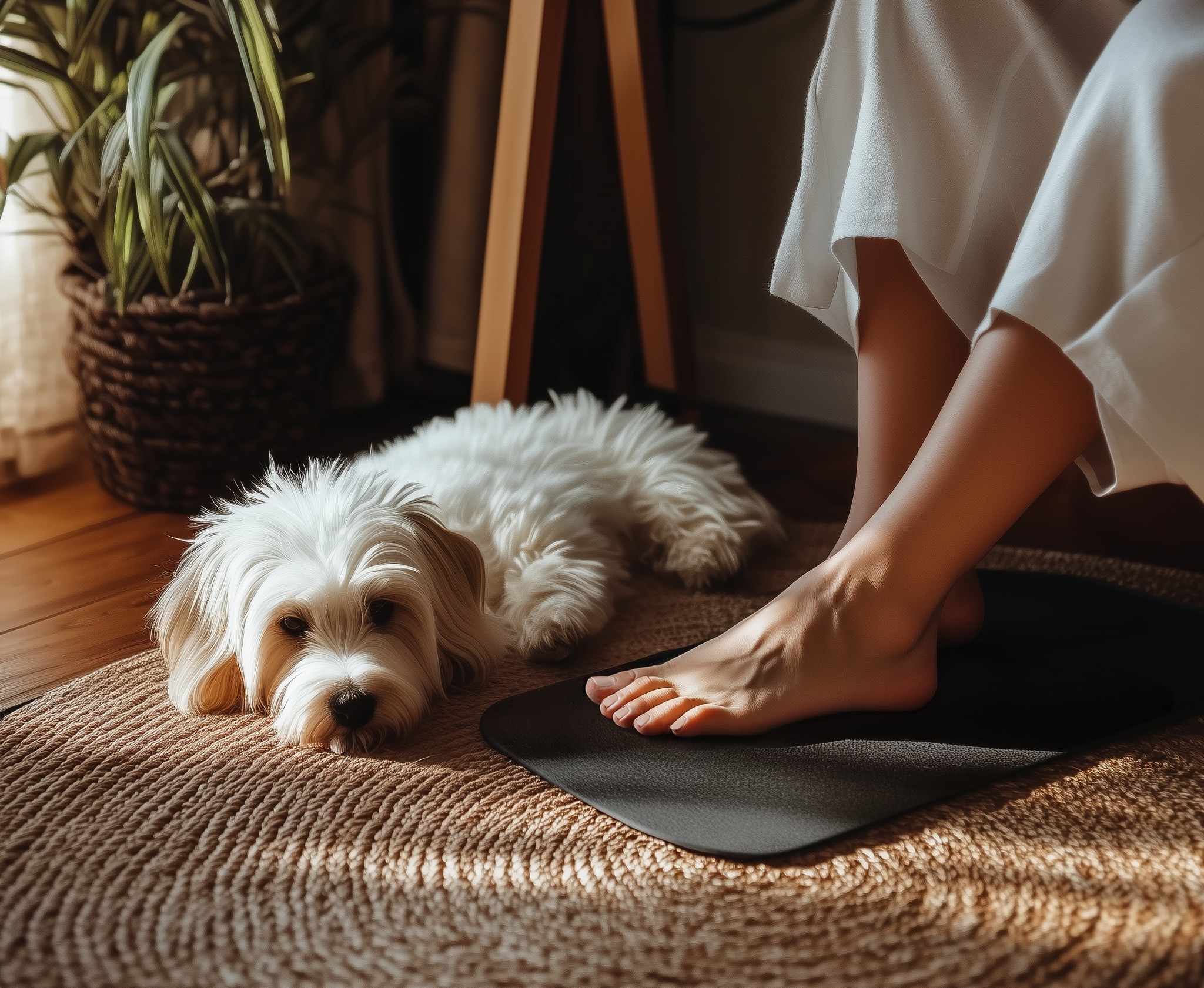 A fluffy white dog lies on a woven rug next to a person’s bare feet resting on a black mat. Sunlight filters in, highlighting the cozy indoor setting with a potted plant nearby.