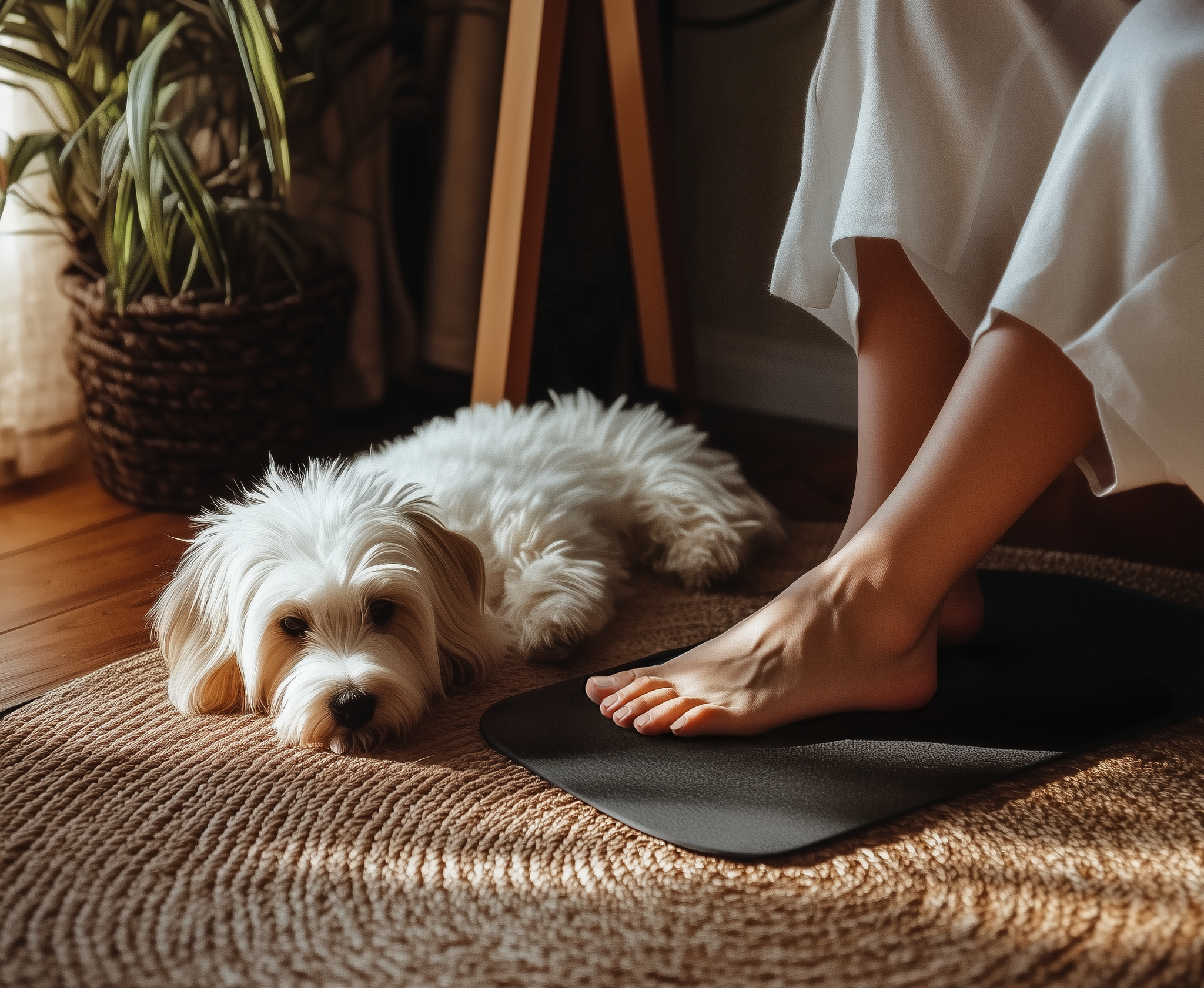 A fluffy white dog lies on a woven rug next to a person’s bare feet resting on a black mat. Sunlight filters in, highlighting the cozy indoor setting with a potted plant nearby.