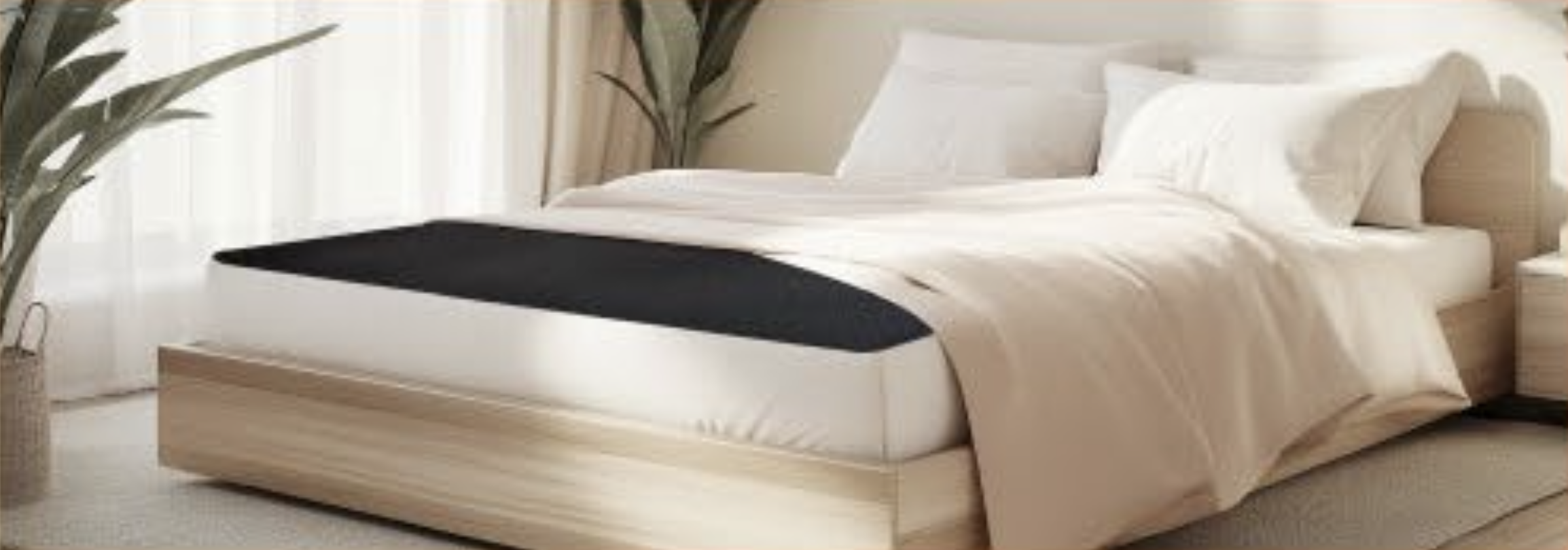 A modern bedroom with a wooden bed frame, white and beige bedding, large pillows, and a black throw at the foot of the bed. Sunlight streams in through sheer curtains, and two large potted plants flank the bed.