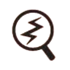 A black magnifying glass icon with a zigzag lightning bolt shape inside the lens, symbolizing searching for problems or issues.