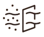 A simple icon showing dots and wavy lines entering an open door, representing air flow or ventilation.