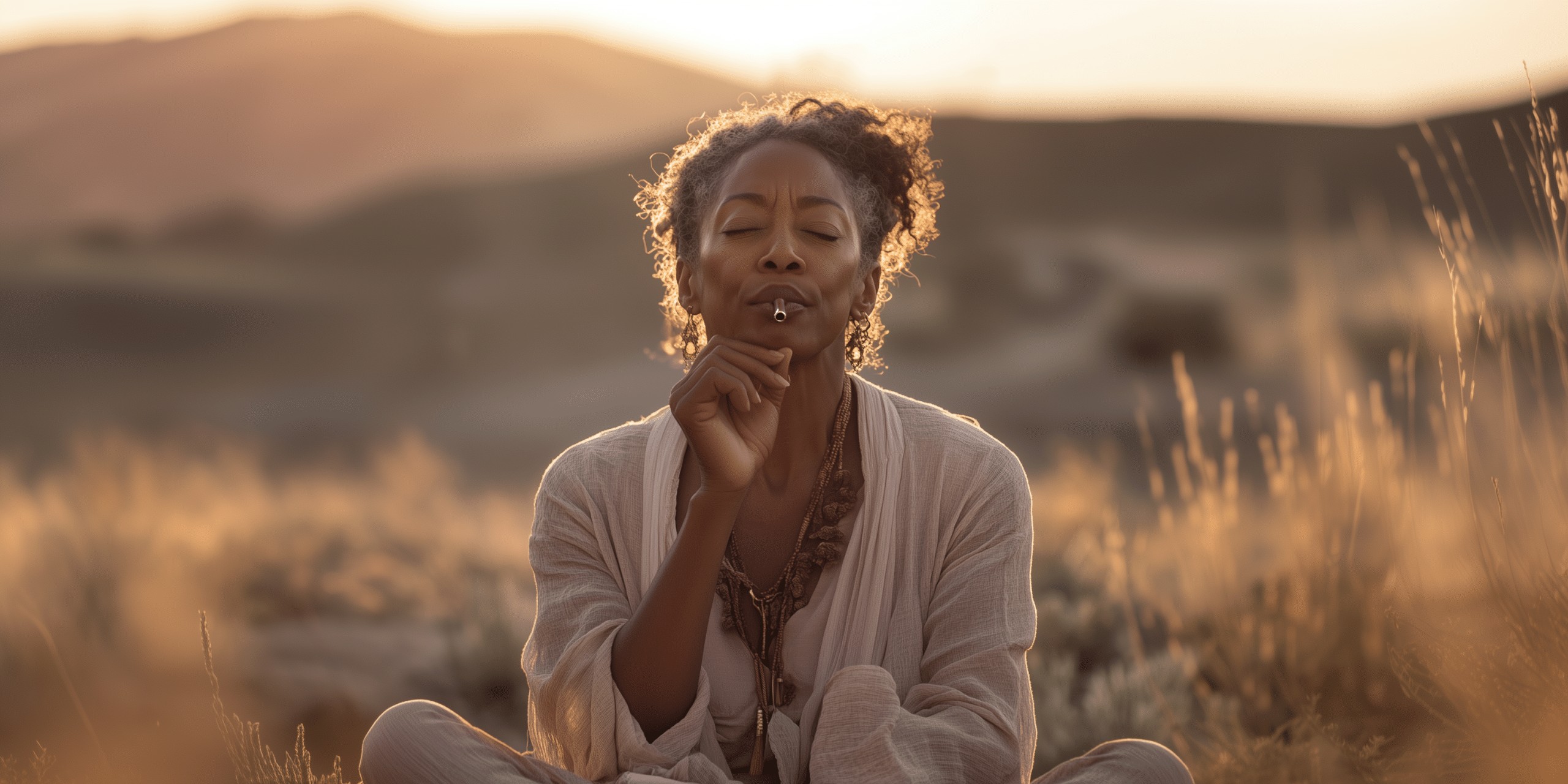 A woman sits cross-legged outdoors at sunset, eyes closed and softly smiling while holding a lit incense stick, surrounded by golden grass and softly blurred hills in the background.