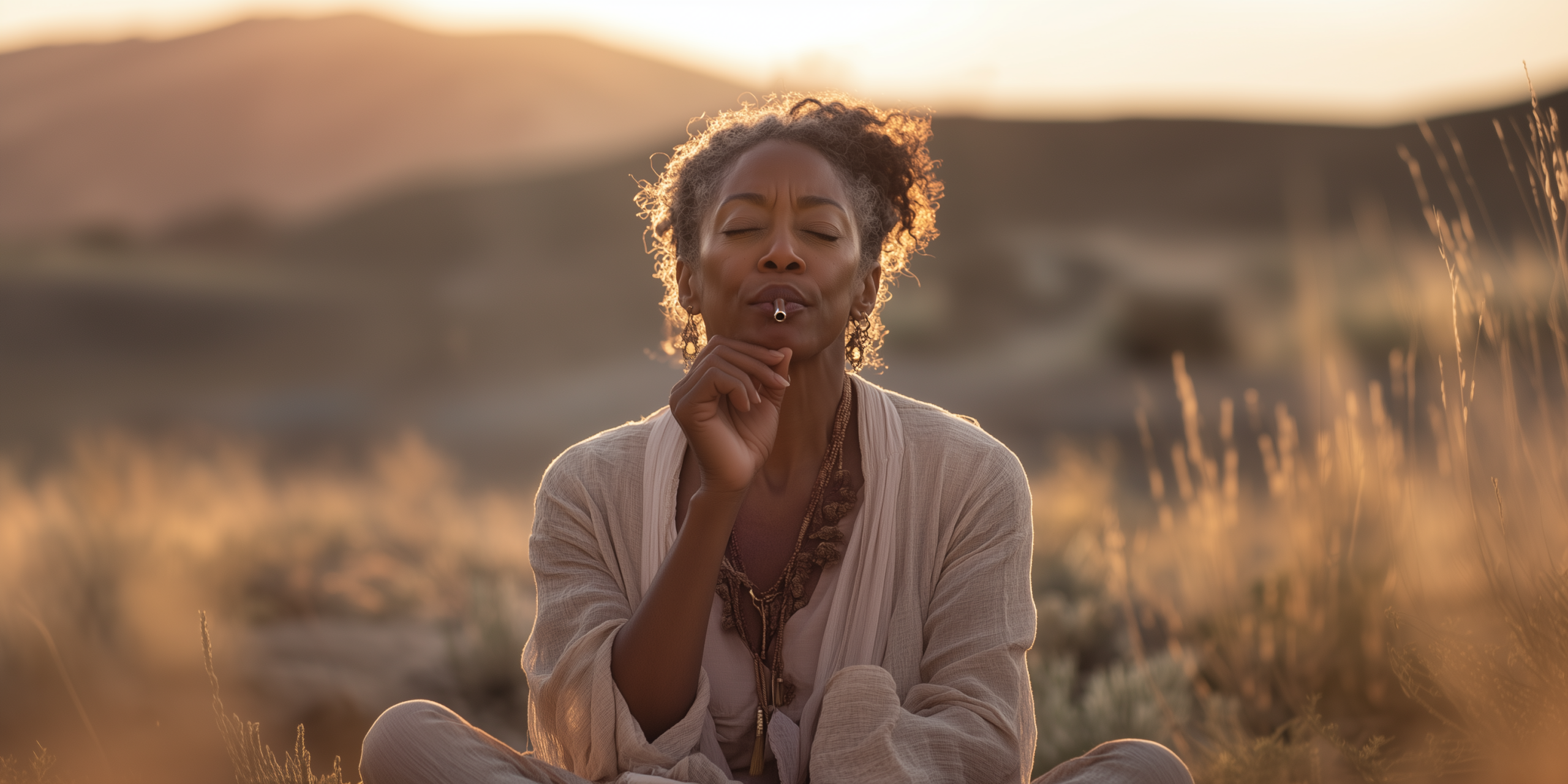 A woman sits cross-legged outdoors at sunset, eyes closed and softly smiling while holding a lit incense stick, surrounded by golden grass and softly blurred hills in the background.