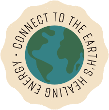 A stylized earth illustration is surrounded by a beige border with the words Connect to the Earths Healing Energy written around it in a circular pattern.