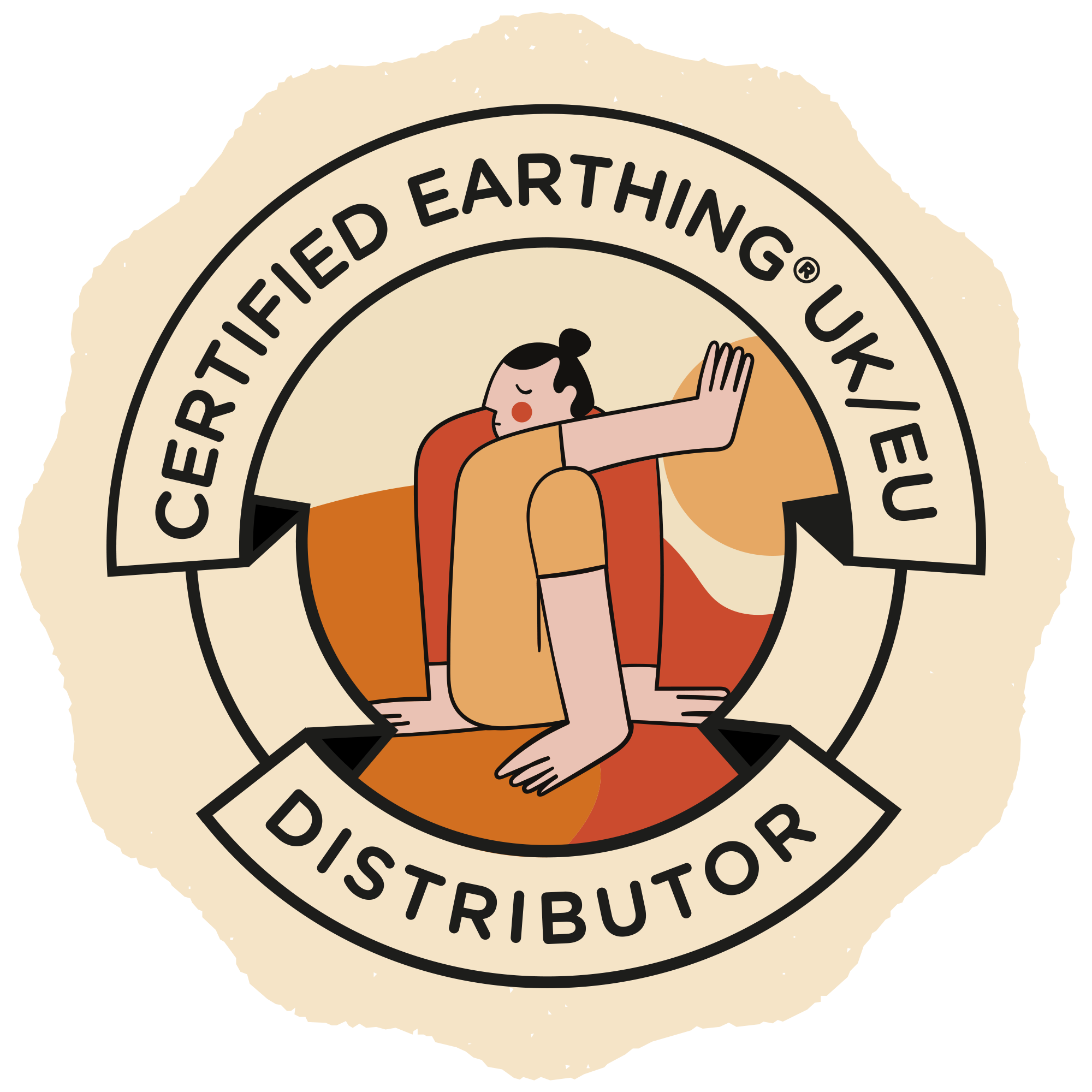 A circular badge with the text Certified Earthing® UK/EU Distributor surrounds an abstract illustration of a person sitting cross-legged with one arm raised, set against earth-toned shapes.