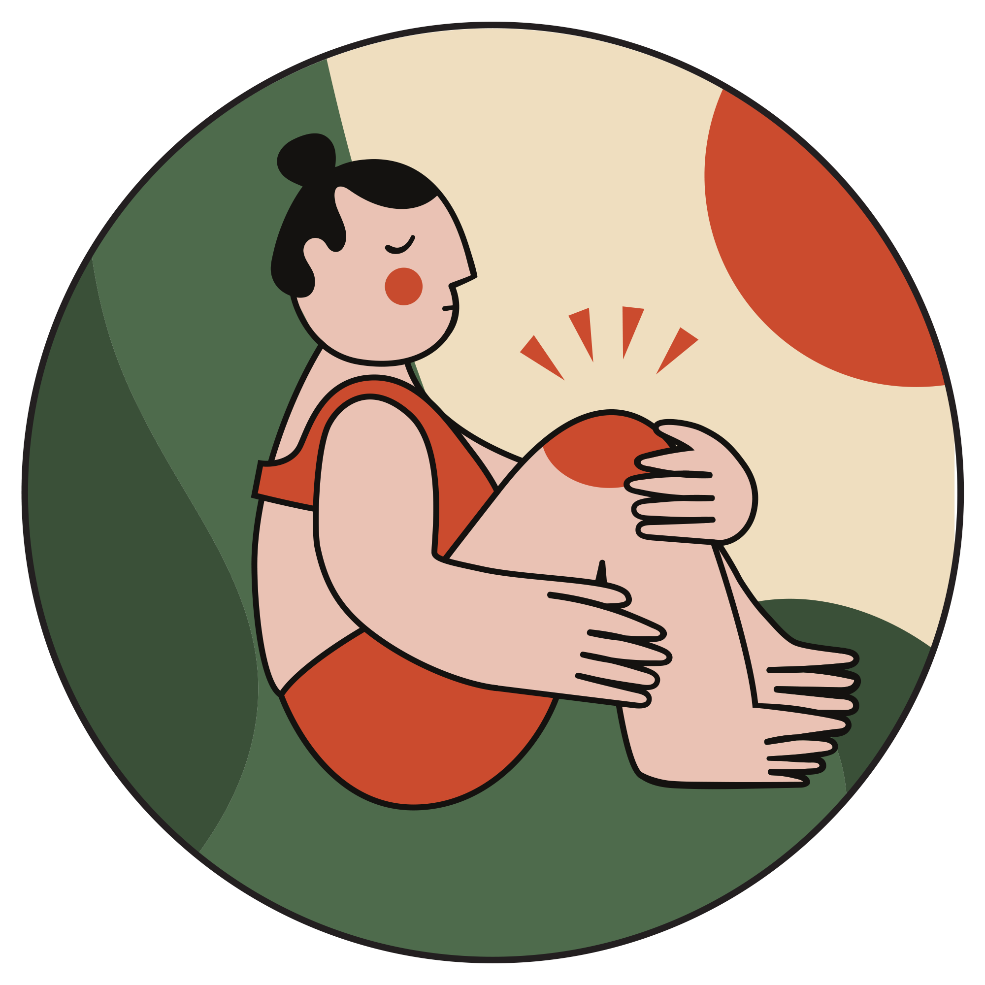 Illustration of a person sitting with their knees drawn up, holding one knee with both hands. Red lines near the knee suggest pain or discomfort. The background features green and beige with a red circle.