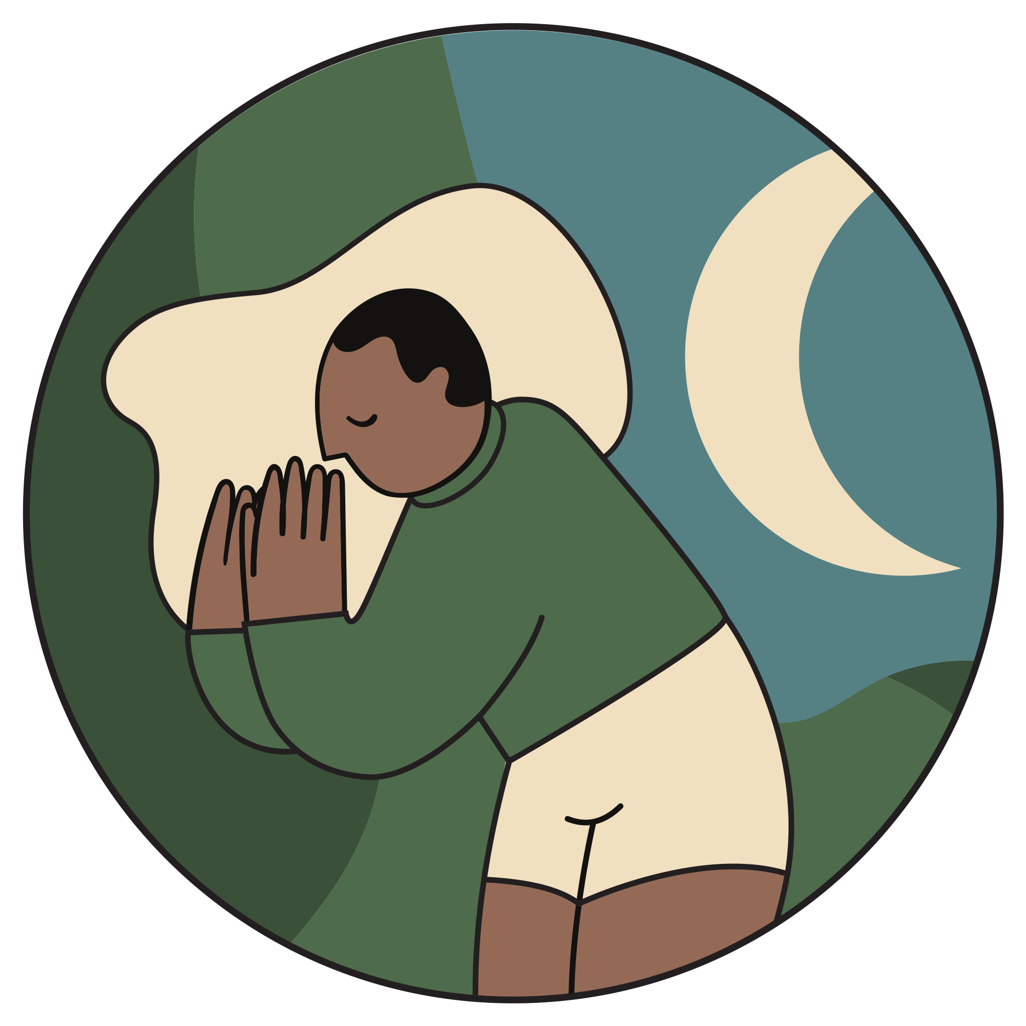 A person with short hair, wearing a green top and beige shorts, stands with hands pressed together under their cheek, appearing to sleep. Behind them are hills, a crescent moon, and a blue night sky.