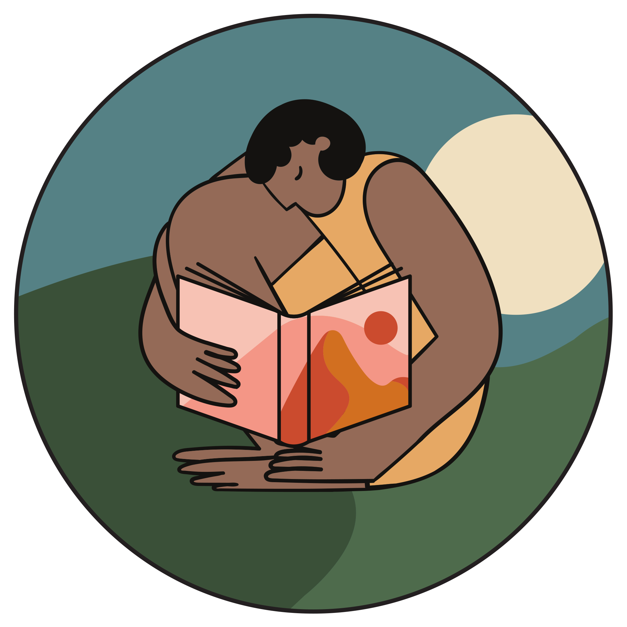An abstract illustration of a person sitting outdoors, reading a book with an orange and red cover. The background shows rolling green hills, a large pale sun, and a blue sky.