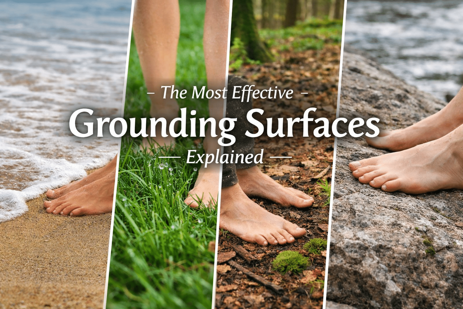 Four panels show bare feet on wet sand, grass, a mossy forest floor, and a riverside rock. Text reads, “The Most Effective Grounding Surfaces Explained,” inspired by insights from recent Earthing Studies.