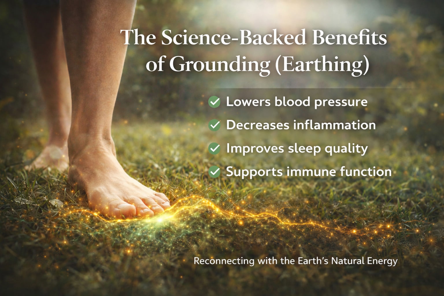 Bare feet standing on grass with glowing light at ground level, illustrating grounding. Text lists benefits: lowers blood pressure, decreases inflammation, boosts immunity, improves sleep. Caption: Grounding While You Sleep—reconnect with Earth’s natural energy.