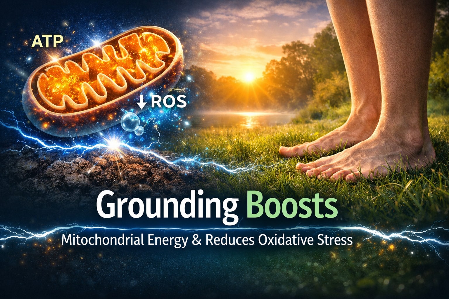 Bare feet stand on grass near water at sunset. A glowing mitochondrion diagram shows ATP production and reduced ROS. Text: “Grounding Boosts Mitochondrial Energy & Reduces Oxidative Stress”—naturally, without Grounding Mat Dangers. Lightning effects connect the feet and ground.