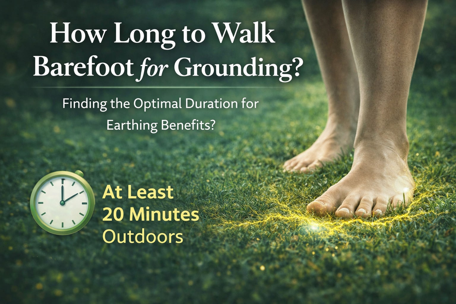 Bare feet stand on grass, glowing with yellow light; text highlights the benefits of earthing and asks, How long to walk barefoot for grounding? It suggests at least 20 minutes outdoors. A clock icon is shown.