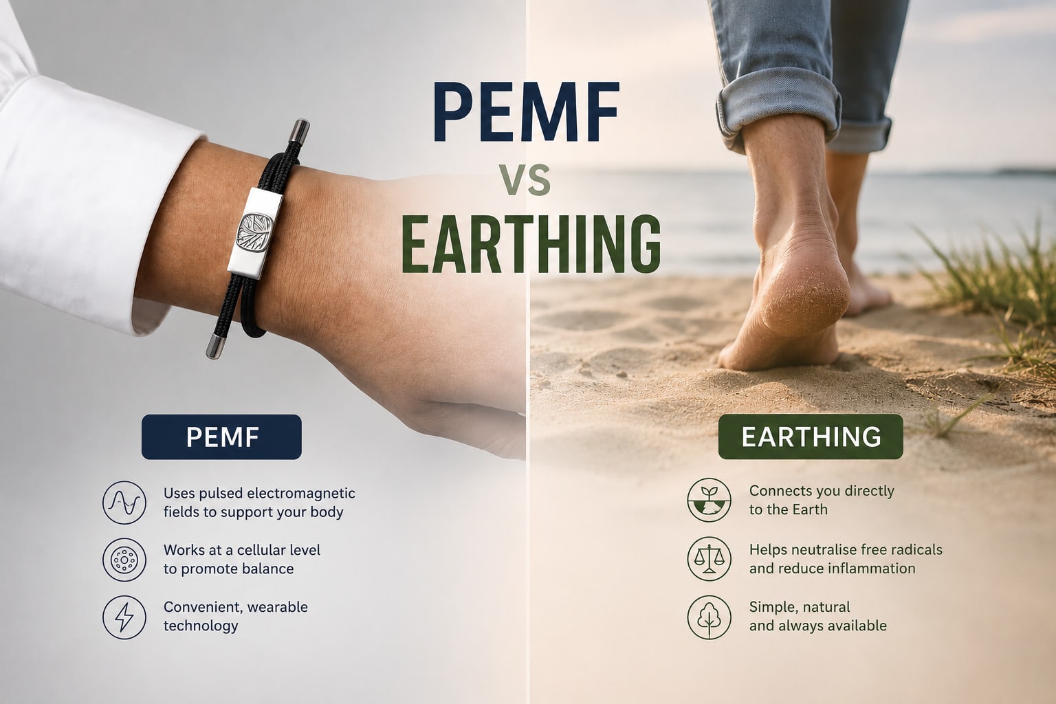 Split image comparing PEMF and Earthing: left shows a close-up of a person wearing a PEMF bracelet, hinting at the question 