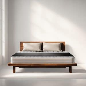 A wooden platform bed with a mattress and two beige pillows against a white wall.