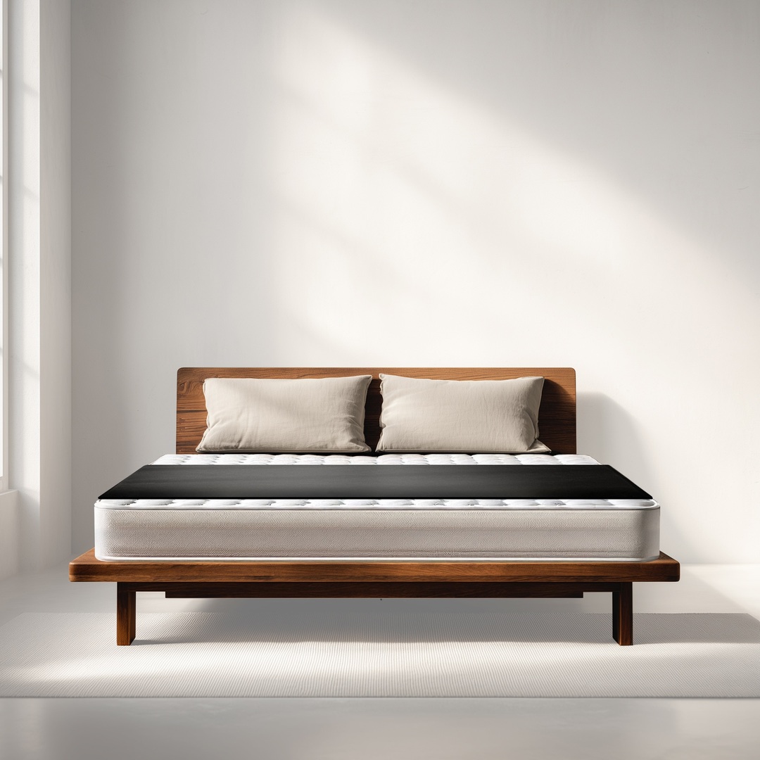 A wooden platform bed with a mattress and two beige pillows against a white wall.