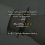 A wrist wearing a black cord bracelet with a metallic plate, overlaid with a five-star review for EarthBand and the text, PEMF – The Fifth Element of Health.