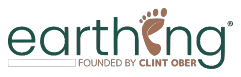 Earthing brand logo featuring a stylised footprint replacing the letter i and the text FOUNDED BY CLINT OBER below.